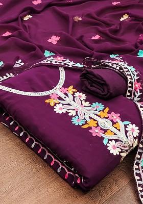 Purple Embroidered Poly Blend Kurta Set
