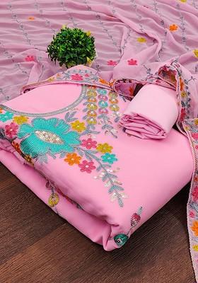 Pink Embroidered Poly Blend Kurta Set