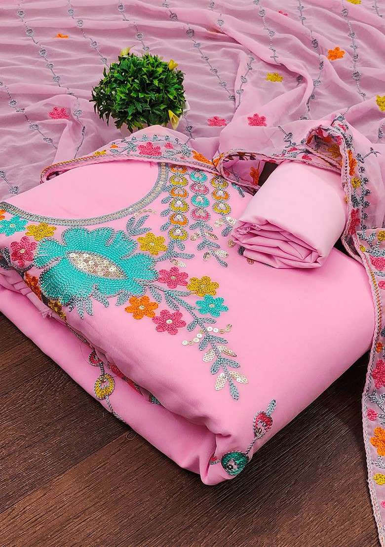 Pink Embroidered Blended Straight Kurta Set - Indya