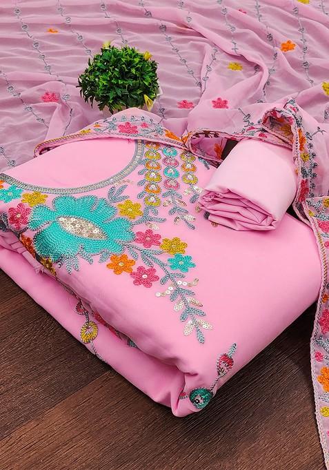 Pink Embroidered Poly Blend Kurta Set