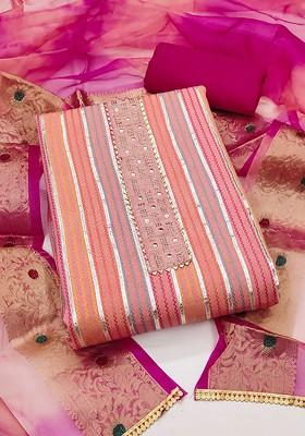 Peach Striped Print Poly Blend Kurta Set