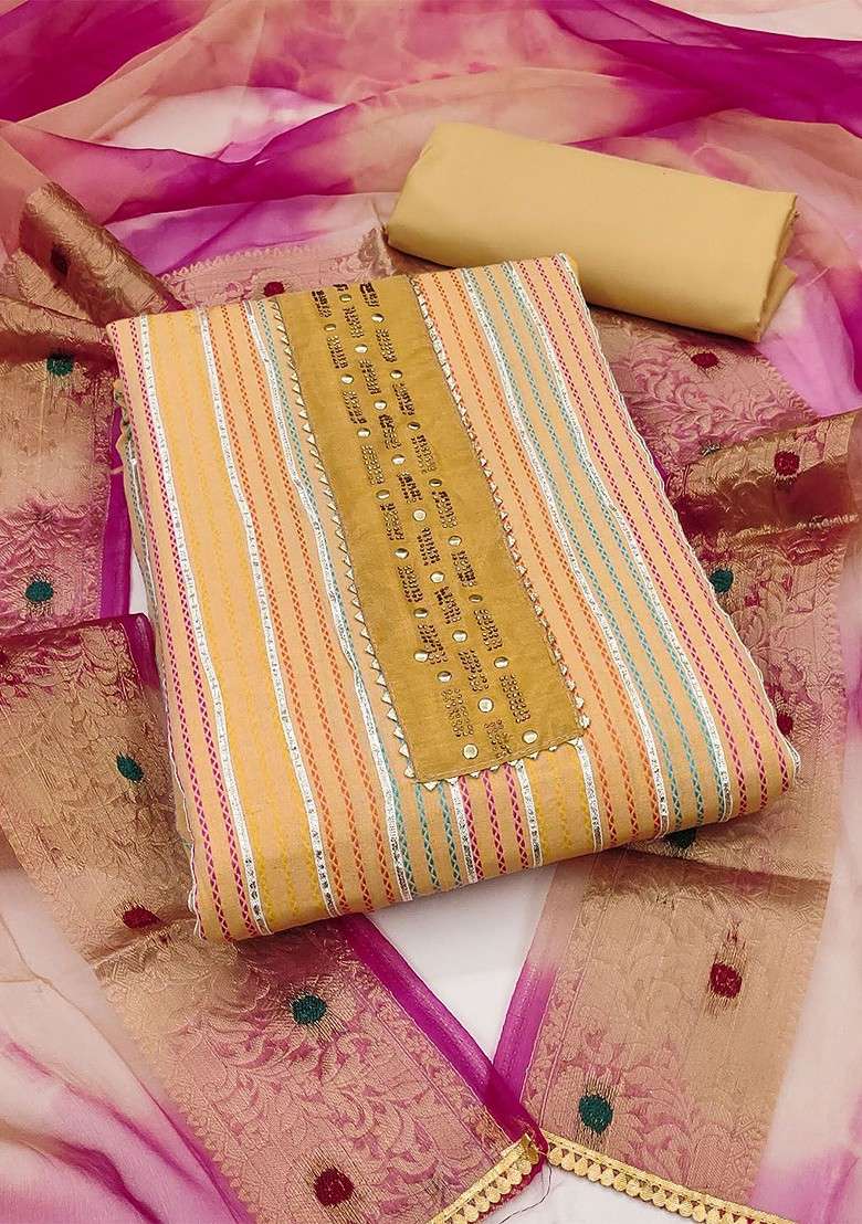 Beige Striped Blended Straight Kurta Set - Indya