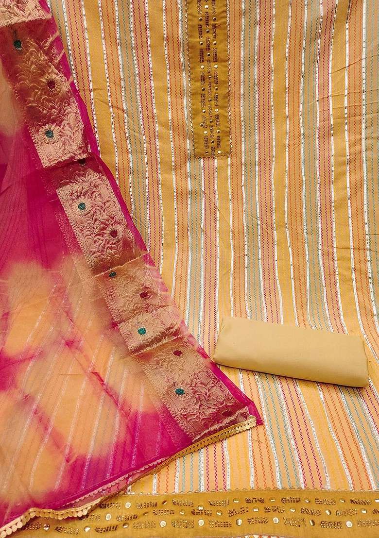 Beige Striped Blended Straight Kurta Set - Indya