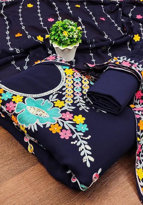 Blue Embroidered Blended Punjabi Suit