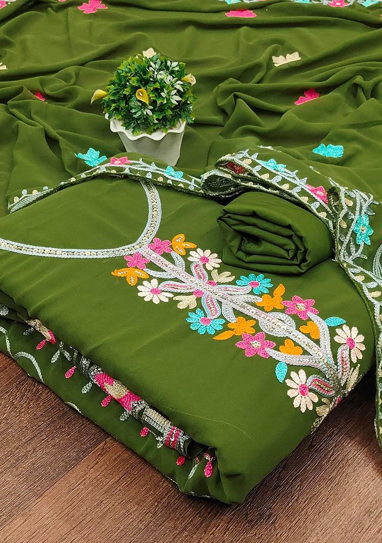 Green Embroidered Poly Blend Kurta Set - Indya