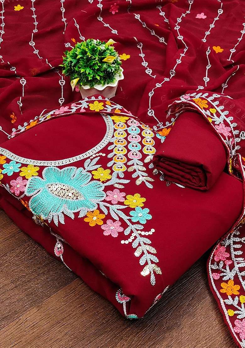 Red Embroidered Blended Straight Kurta Set - Indya