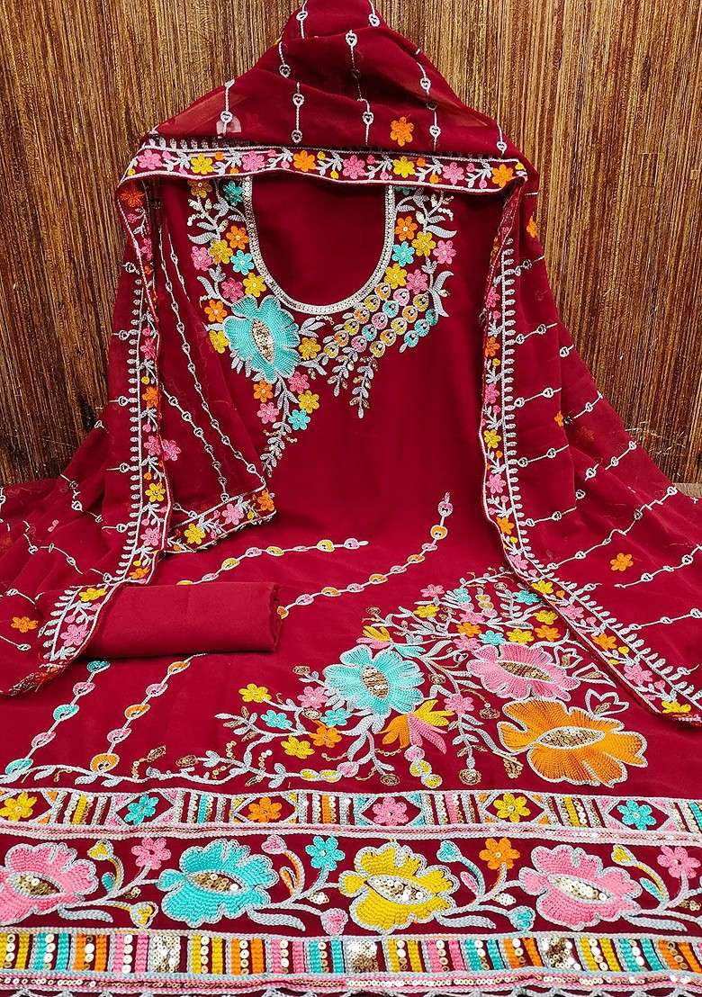 Red Embroidered Blended Straight Kurta Set - Indya