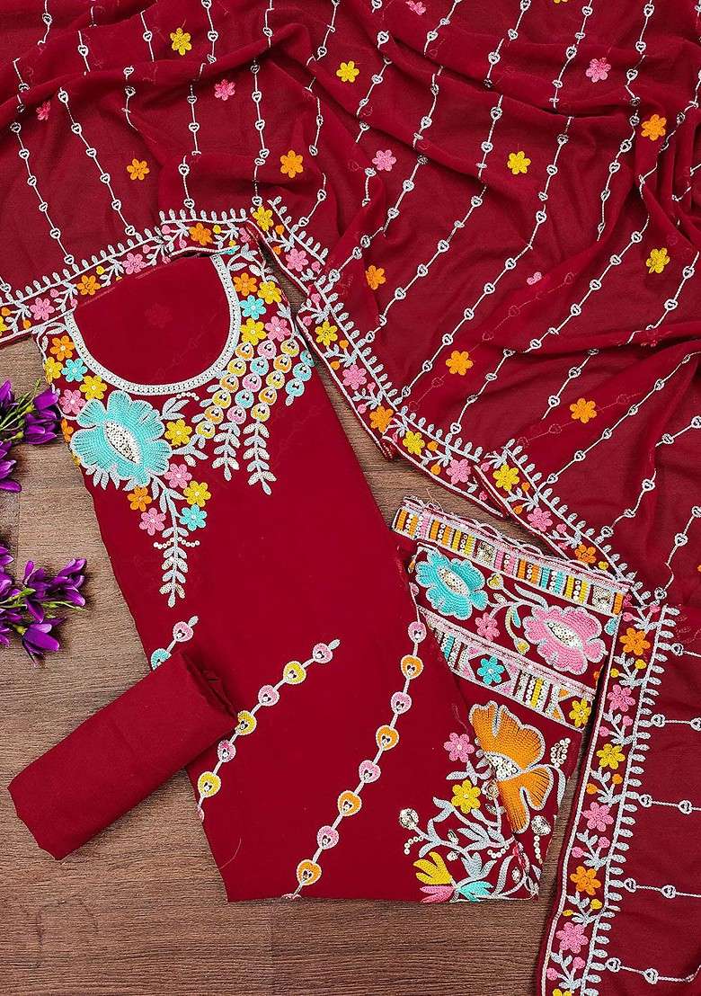 Red Embroidered Blended Straight Kurta Set - Indya