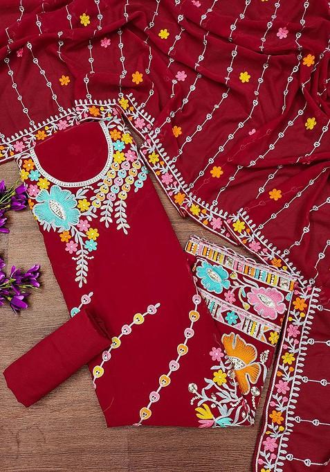 Red Embroidered Poly Blend Kurta Set