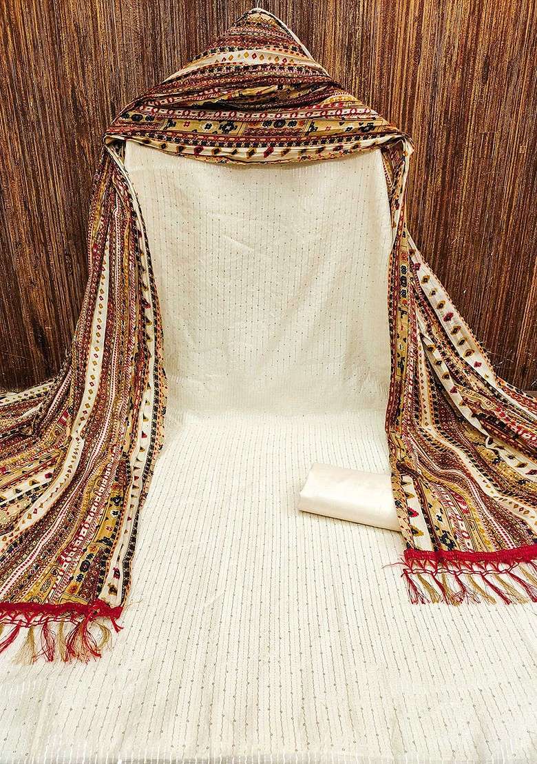 Off White Embroidered Poly Punjabi Suit - Indya