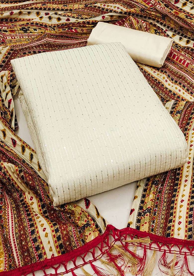 Off White Embroidered Poly Punjabi Suit - Indya