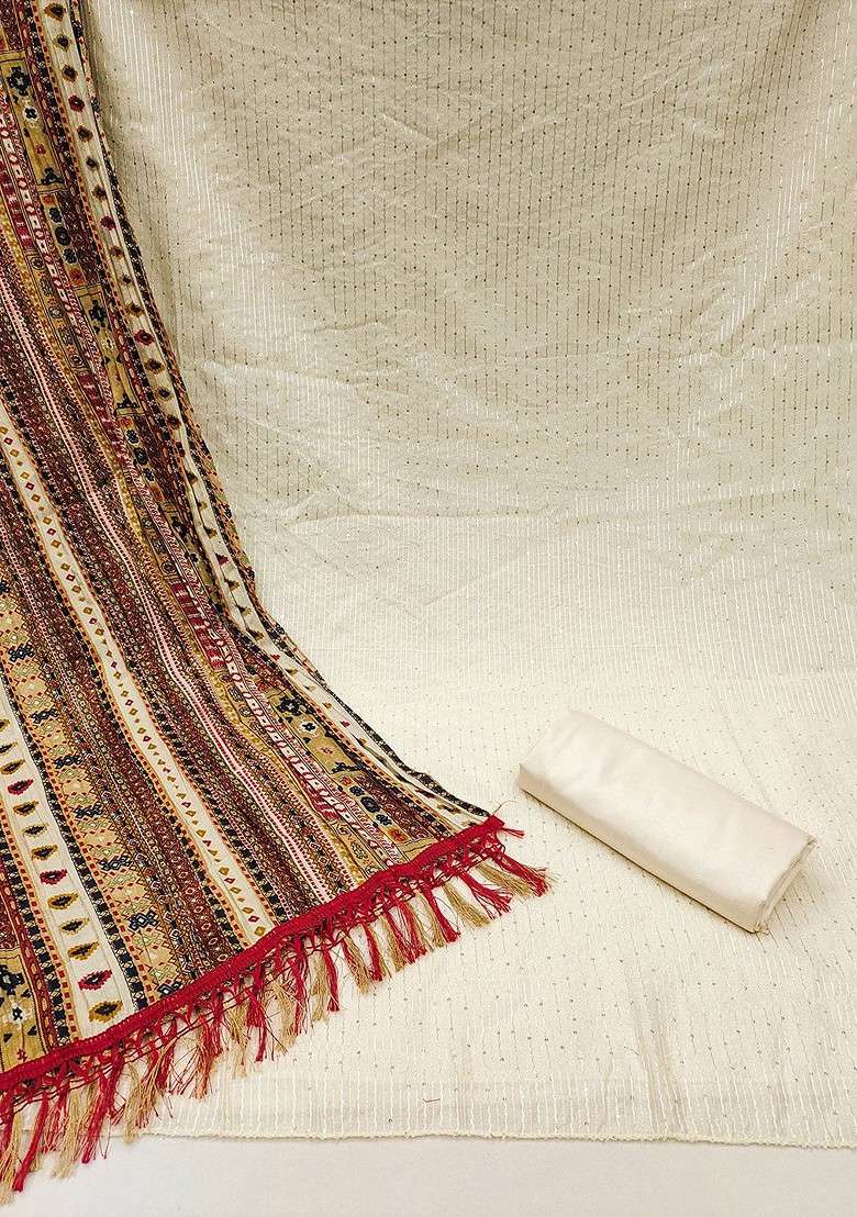 Off White Embroidered Poly Punjabi Suit - Indya