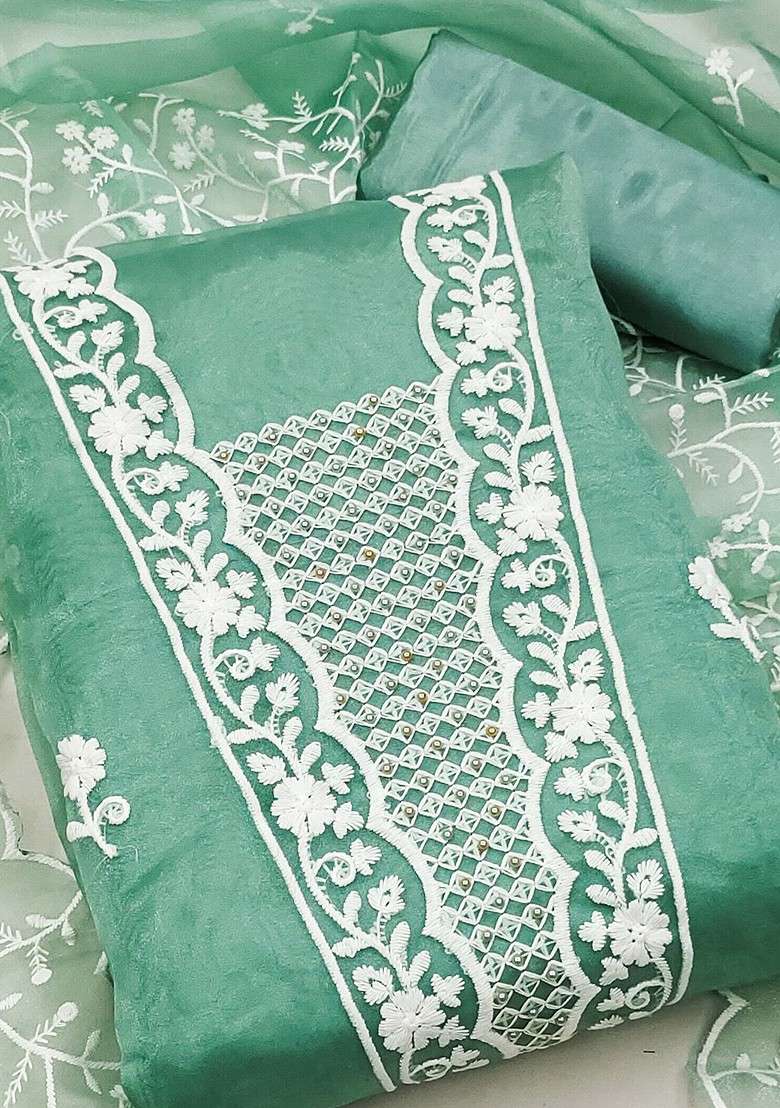 Sea Green Chikankari Poly Straight Kurta Set - Indya