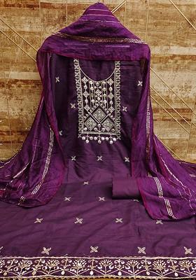 Purple Embellished Poly Blend Kurta Set