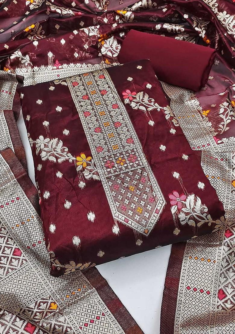 Maroon Woven Poly Blend Kurta Set - Indya