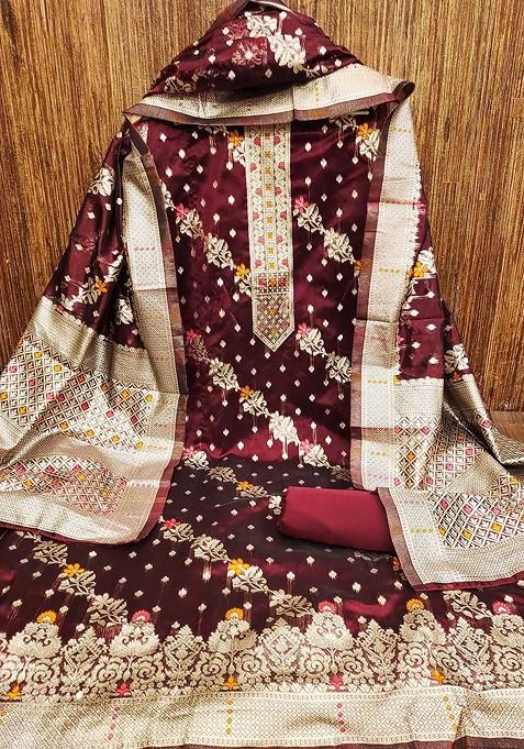 Maroon Woven Poly Blend Kurta Set