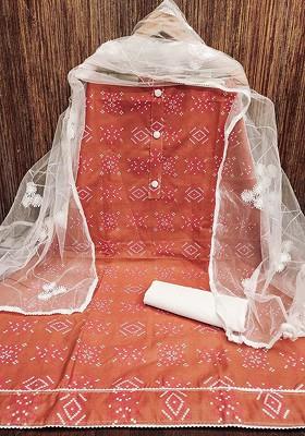 Peach Printed Poly Blend Kurta Set