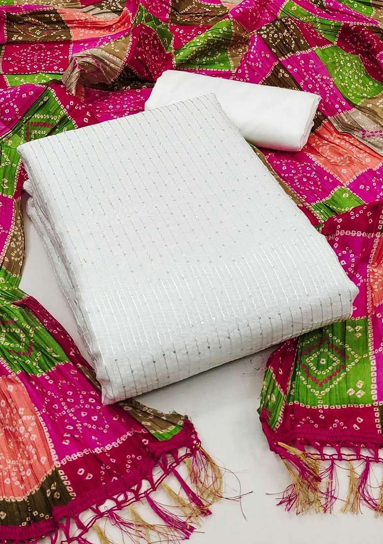 Off White Bandhani Poly Punjabi Suit - Indya
