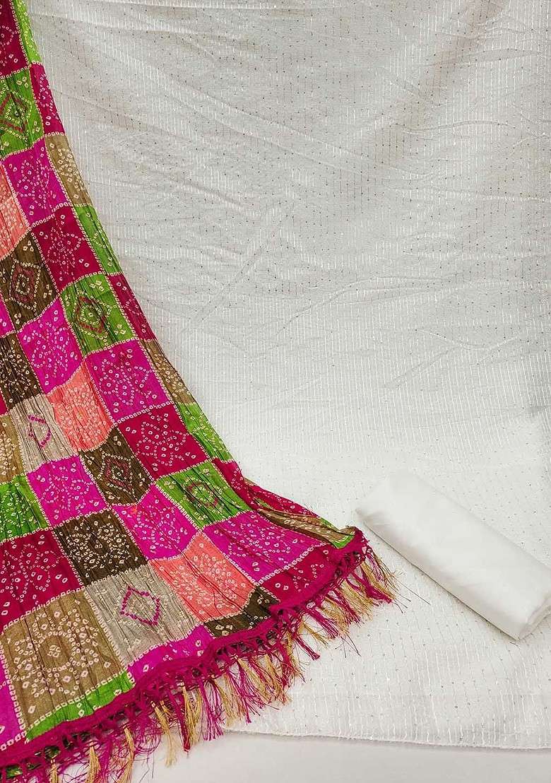 Off White Bandhani Poly Punjabi Suit - Indya