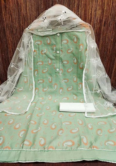 Green Printed Blended Straight Kurta Set