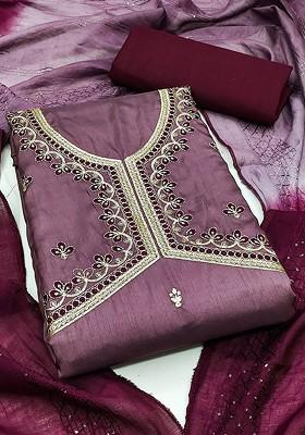 Purple Embroidered Poly Blend Kurta Set