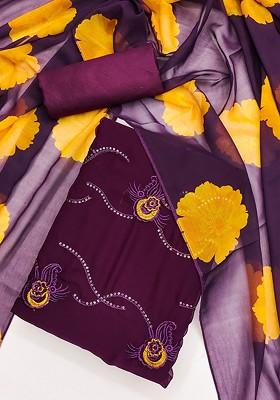 Purple Embroidered Poly Blend Kurta Set