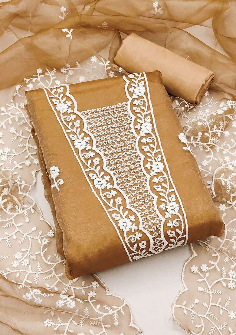 Beige Embroidered Blended Straight Kurta Set - Indya