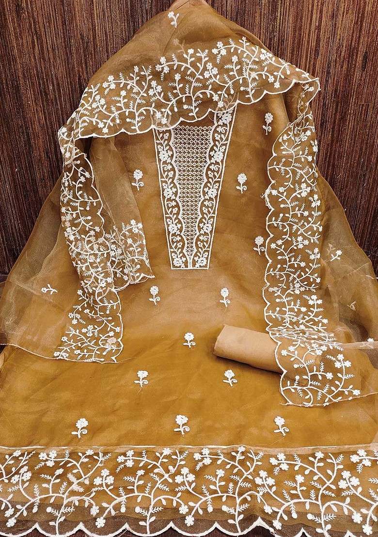 Beige Embroidered Blended Straight Kurta Set - Indya