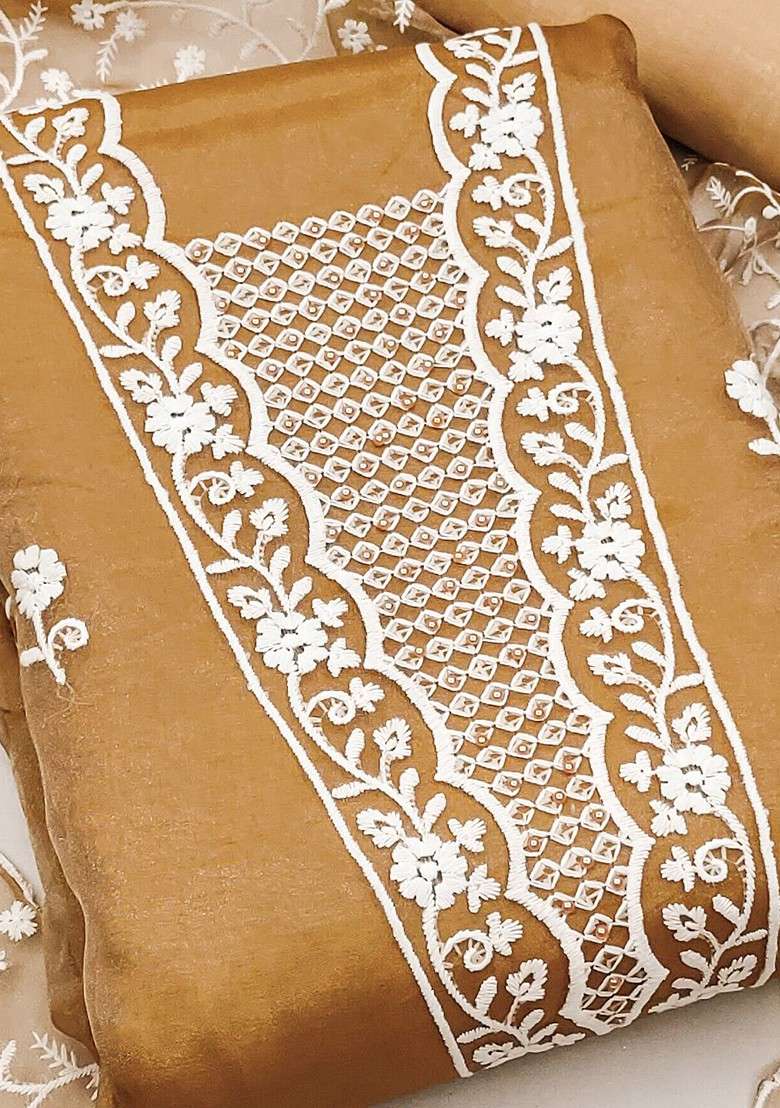 Beige Embroidered Blended Straight Kurta Set - Indya
