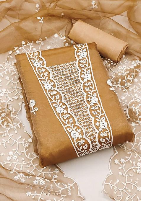 Beige Embroidered Blended Straight Kurta Set