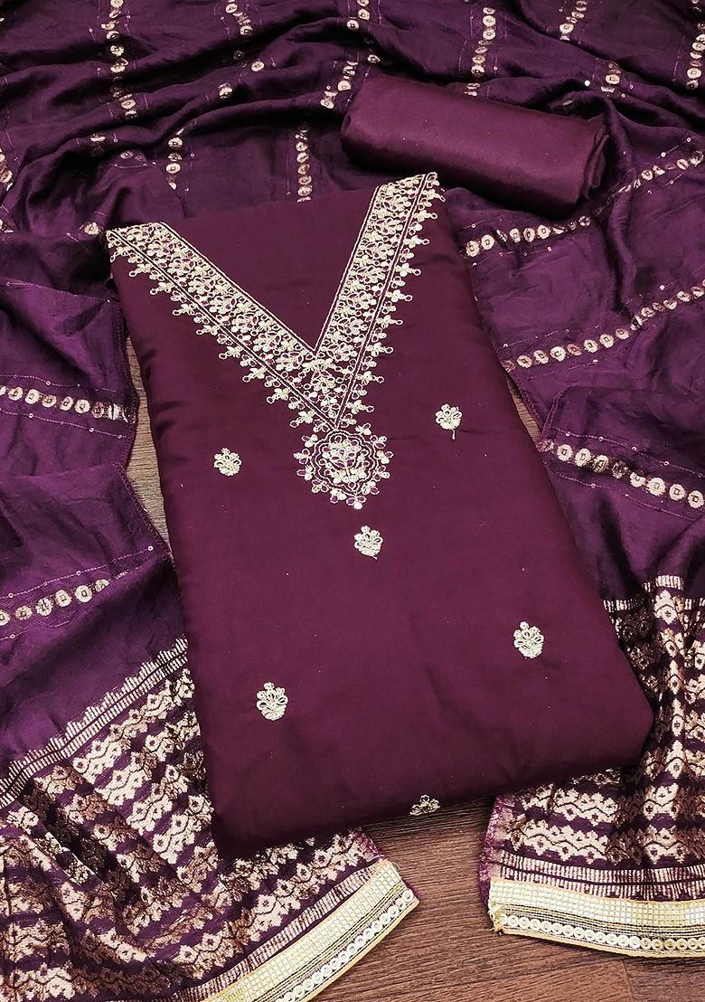 Purple Embroidered Poly Blend Kurta Set