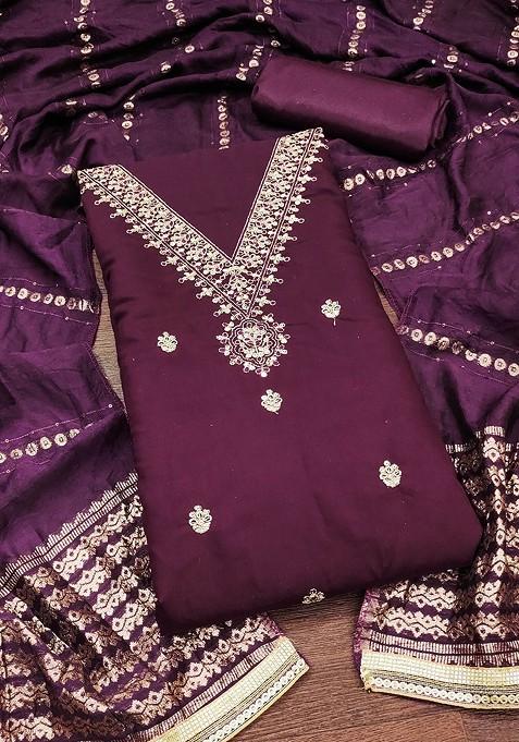 Purple Embroidered Poly Blend Kurta Set