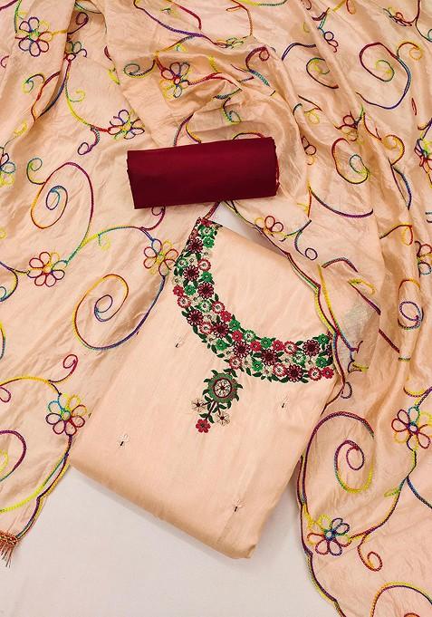 Peach Embroidered Poly Blend Kurta Set
