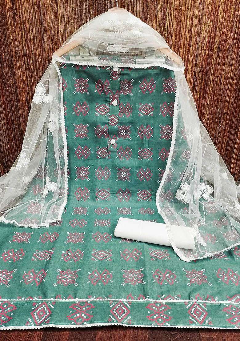 Green Printed Blended Straight Kurta Set - Indya