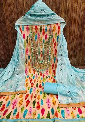 Blue Floral Print Poly Blend Kurta Set