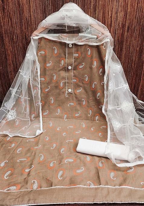 Brown Printed Poly Blend Kurta Set