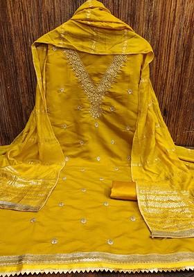 Yellow Embroidered Poly Blend Kurta Set