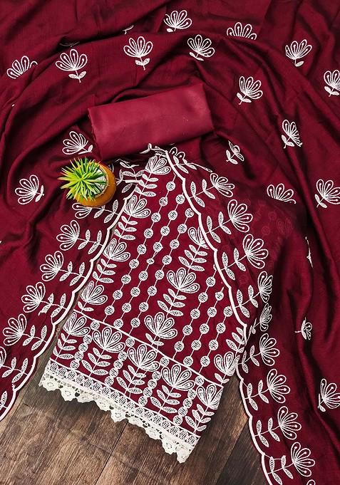 Maroon Embroidered Poly Blend Kurta Set