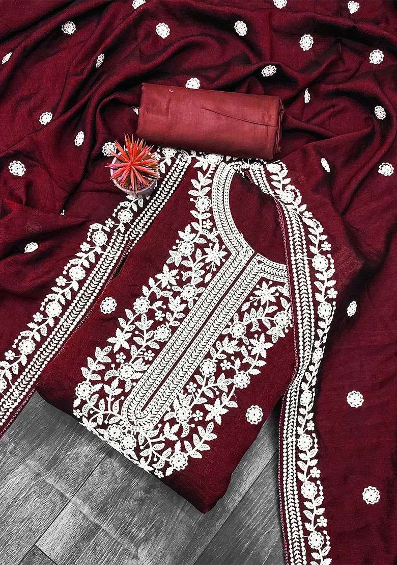 Maroon Embroidered Poly Blend Kurta Set - Indya