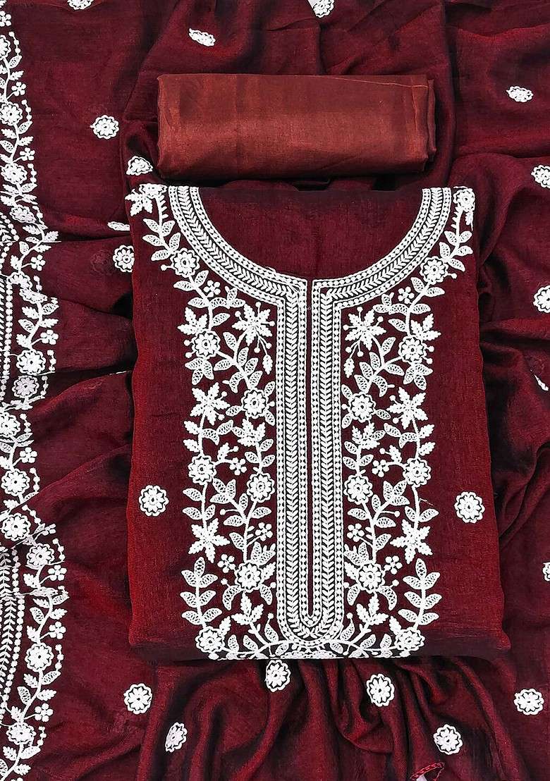 Maroon Embroidered Poly Blend Kurta Set - Indya