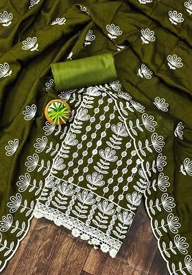 Olive Embroidered Poly Blend Kurta Set