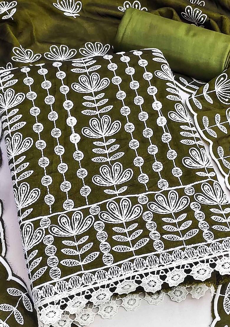 Olive Embroidered Poly Blend Kurta Set - Indya