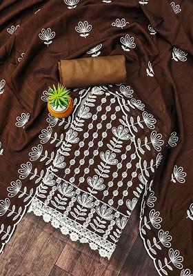 Brown Embroidered Poly Blend Kurta Set