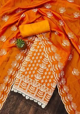 Orange Embroidered Poly Blend Kurta Set
