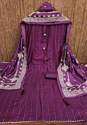 Purple Embroidered Poly Blend Kurta Set