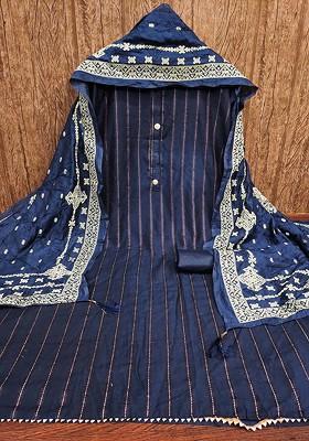 Blue Embroidered Poly Blend Kurta Set