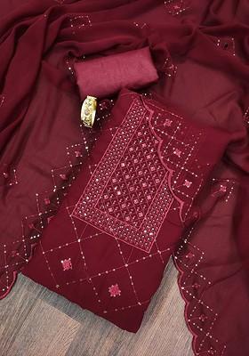 Maroon Embroidered Georgette Straight Kurta Set