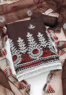 Brown Embroidered Organza Kurta Set