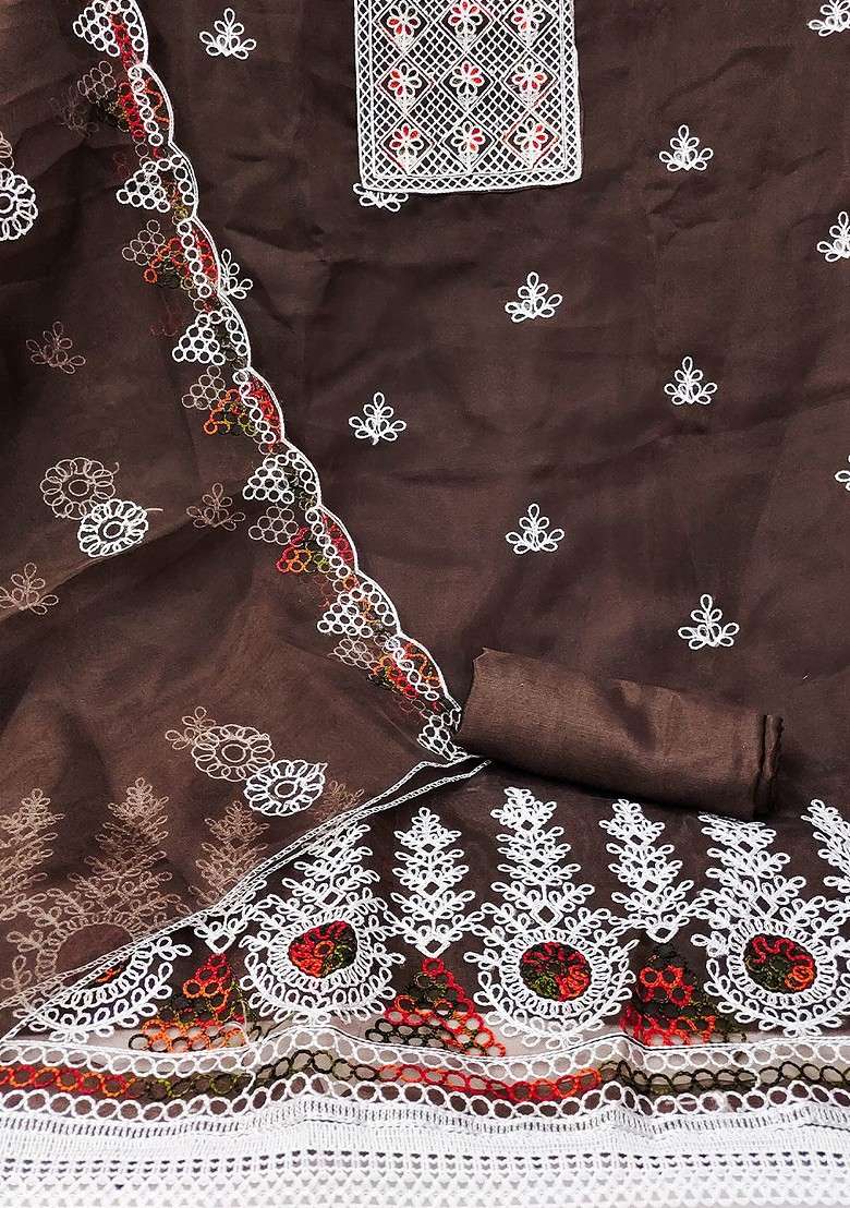 Brown Embroidered Organza Pakistani Suit Set - Indya
