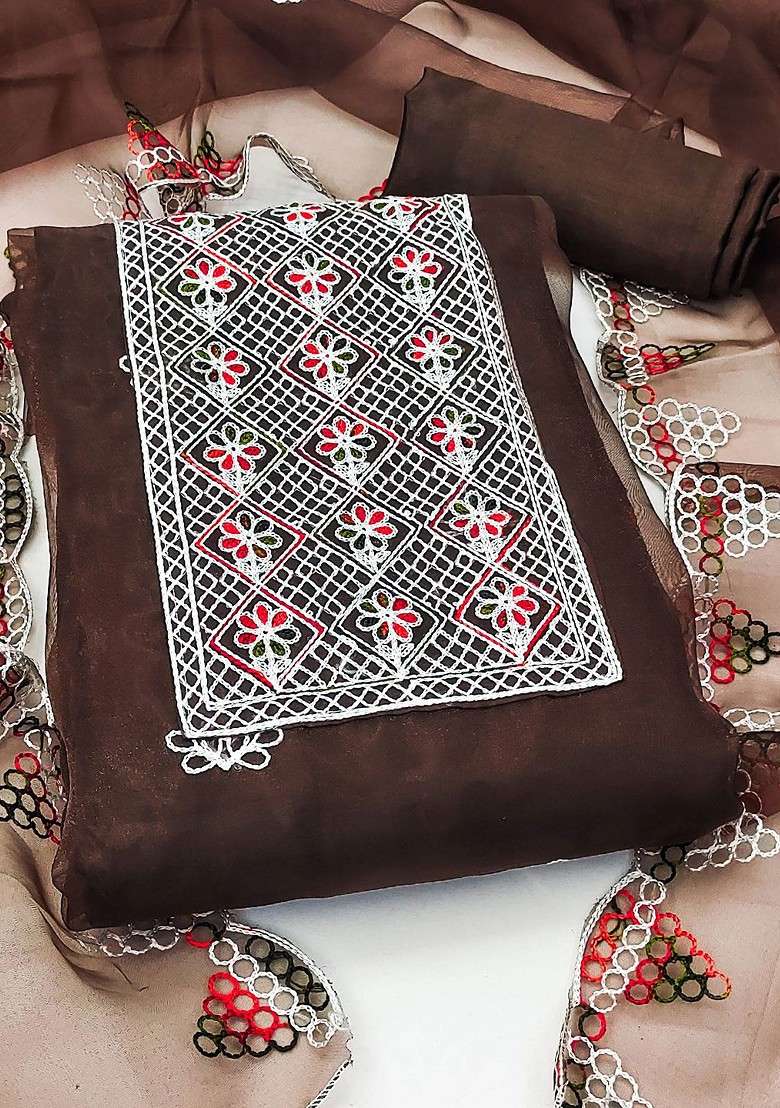 Brown Embroidered Organza Pakistani Suit Set - Indya
